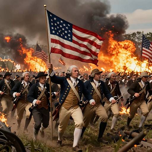 Photograph of Revolutionary War soldiers in 18th-century uniforms, carrying American flags, charging forward amidst intense battlefield fires and smoke.