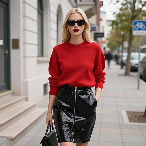 Blonde Woman in Red Sweater and Black Vinyl Skirt