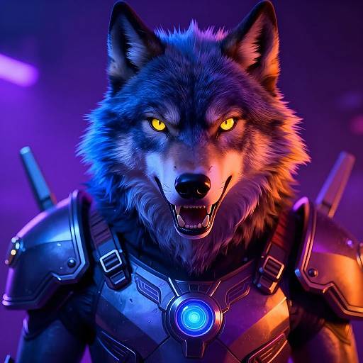 Digital artwork of a glowing, fierce, anthropomorphic wolf in futuristic armor with neon blue and orange lights, intense yellow eyes.