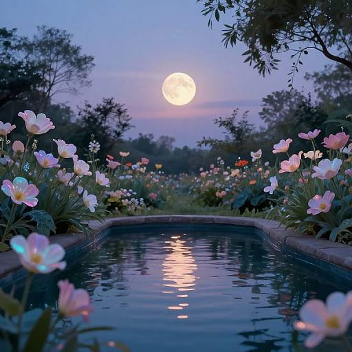 Photograph of a serene garden at twilight, featuring a moonlit full moon over a reflective pond, surrounded by blooming pink and white flowers, with