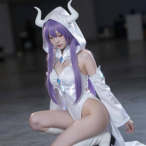 Cosplayer in Horned White Hooded Costume