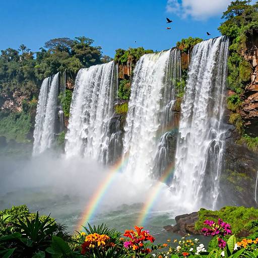 Photograph of a vibrant waterfall cascading over a lush, green cliff with colorful flowers in the foreground, a rainbow arching below, and birds flying