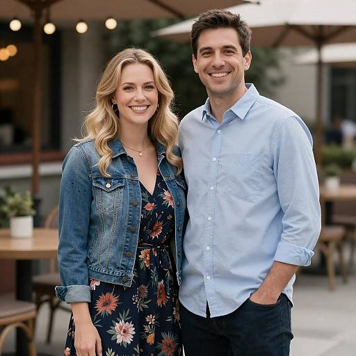Photograph of a smiling couple standing outdoors; she has wavy blonde hair, wears a denim jacket and floral dress; he has dark hair, wears