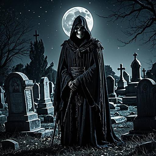 Reaper in Moonlit Cemetery