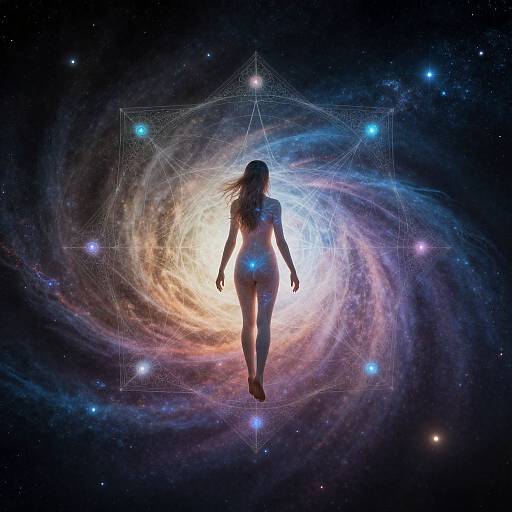 Digital art: Silhouetted nude woman with long hair, back facing, floating into a swirling galaxy with blue and orange hues, surrounded by stars