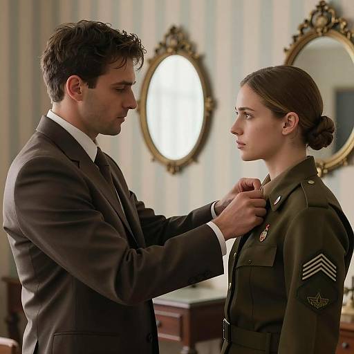 Man Adjusting Woman's Military Uniform Collar