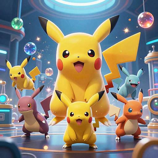 Digital illustration of six Pokémon: Pikachu (front and center), Raichu (back), Pikachu (front right), Charmander (front left),