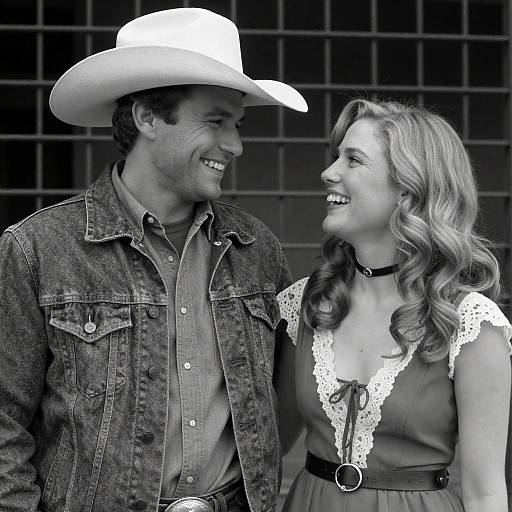 Smiling Cowboy and Woman in Lace Dress