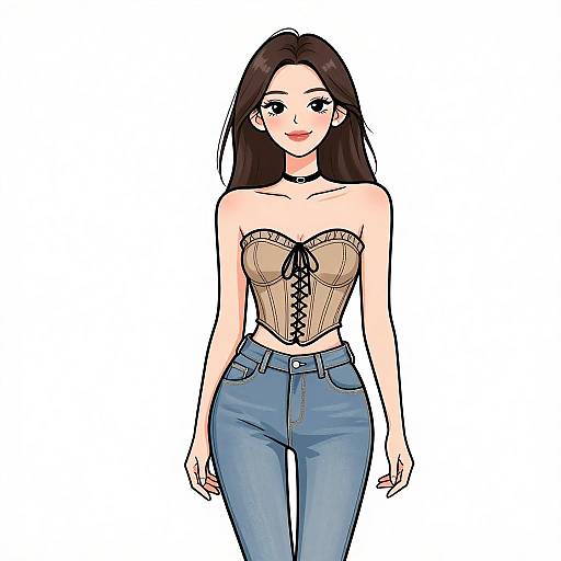 Digital illustration of a smiling Asian woman with long black hair, wearing a beige strapless corset and blue jeans, against a white background.