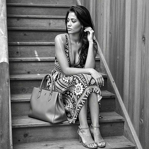 Woman Sitting on Wooden Stairs in Patterned Dress