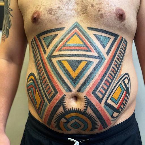 Vivid Geometric and Animistic Stomach Tattoos