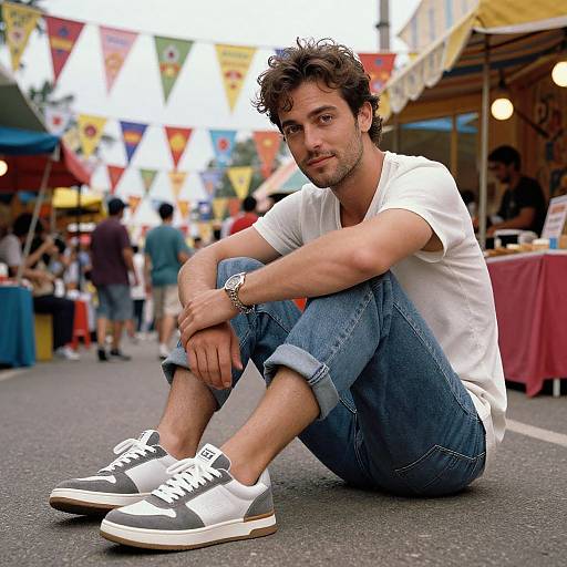 Photograph of a curly-haired, bearded man in a white t-shirt and blue jeans, sitting on a street at a colorful outdoor market, wearing