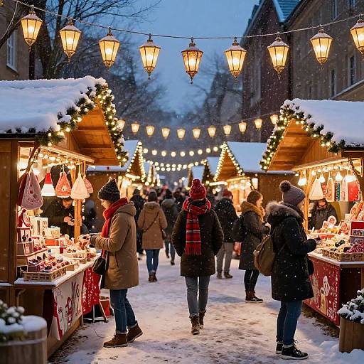 Photograph of a snowy, evening Christmas market with warmly lit wooden stalls, string lights, and festive decorations, bustling with shoppers in winter coats and scar