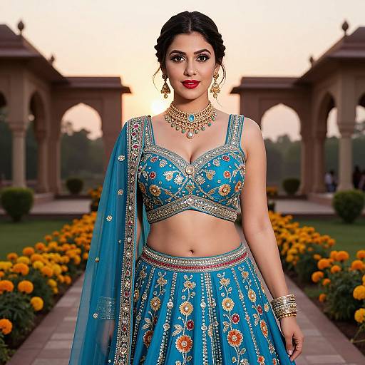 Elegant Woman in Blue Engagement Lehenga