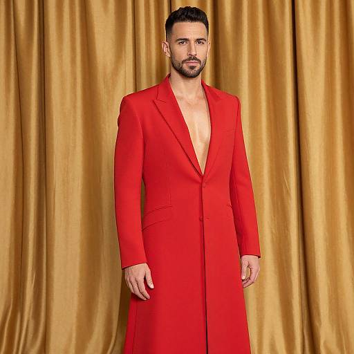 Photograph of a bearded man with short dark hair, wearing a vivid red, deep V-neck coat, standing against golden curtains.