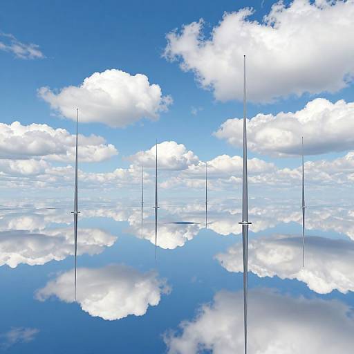 Photograph of a bright blue sky with fluffy white clouds, reflected perfectly in a still, mirror-like water surface. Tall, thin vertical poles are positioned
