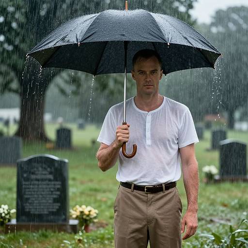 Photograph of a serious-looking man in a white shirt and brown pants holding a black umbrella in a rainy cemetery.