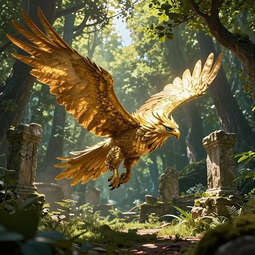 Digital fantasy artwork of a golden eagle with outstretched wings soaring over a sunlit, ancient forest ruin with crumbling stone pillars.