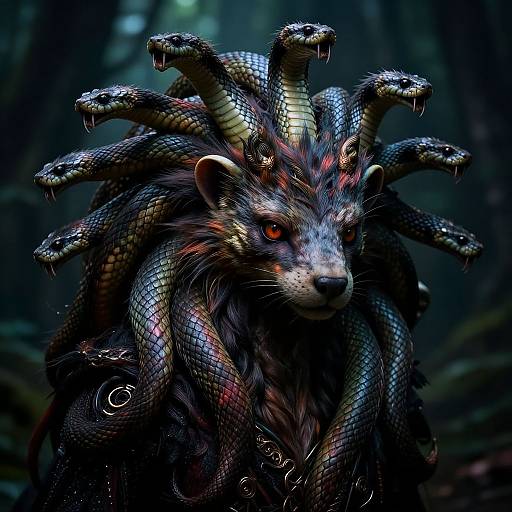 Digital art: Dark forest creature with a wolf's head, snakes entwined in its mane, multiple snake heads with red eyes, eerie and mystical