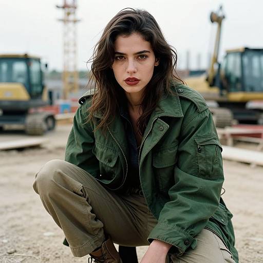 Photograph of a young woman with dark hair, wearing a green jacket and olive pants, squatting in a construction site with blurred yellow machinery in the