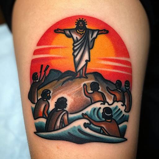 Tattoo of Jesus with outstretched arms on a hill, surrounded by people and waves during a vivid orange sunset. Bold, colorful, and