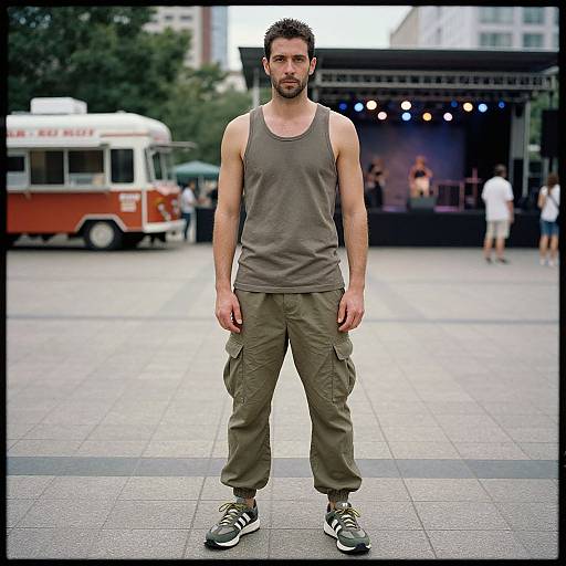 Photograph of a bearded, muscular man in a gray tank top and olive cargo pants, standing on a city plaza, with a red food truck