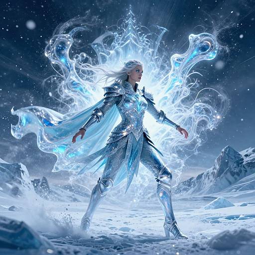 Digital artwork of a silver-armored, white-haired woman wielding ethereal blue fire in a snowy, mountainous landscape, standing powerfully amidst swirling energy