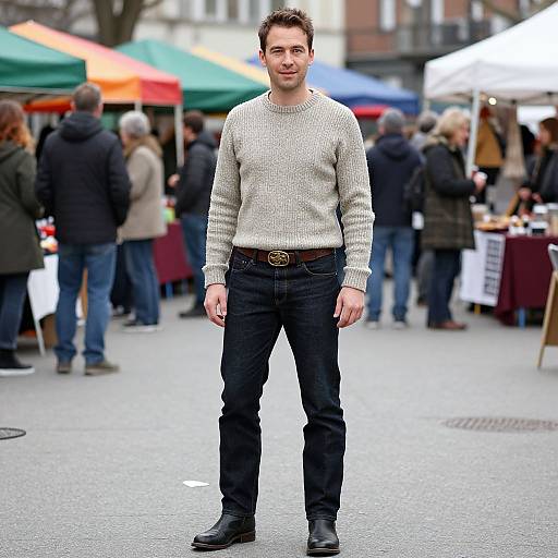 Photograph of a young man with short dark hair, wearing a beige sweater, black pants, and brown belt, standing in front of a bustling outdoor