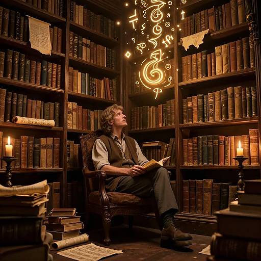 Photograph of a young man with curly hair, wearing a vest and shirt, reading in a dimly lit, wooden bookshelf-filled library with glowing