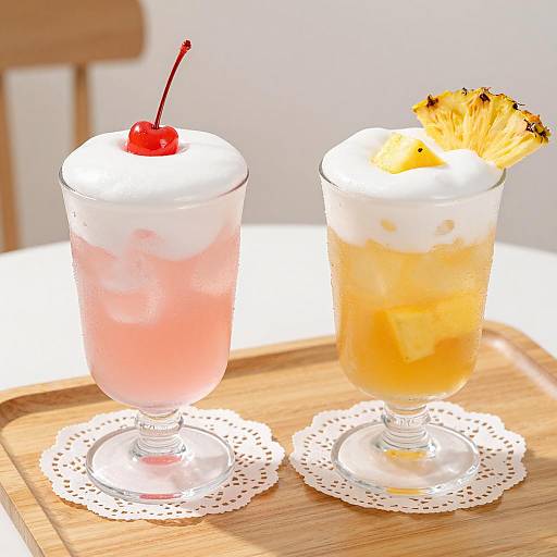 Two Fruity Soda Drinks with Foam and Garnishes