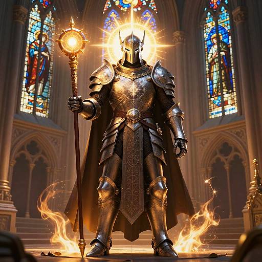 Digital illustration of a fiery, armored knight with a glowing helmet, standing in a Gothic cathedral, holding a staff, surrounded by flames.