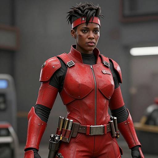 CGI image of a Black woman in a red, armored superhero suit with black accents, black hair in a mohawk, and a determined expression,