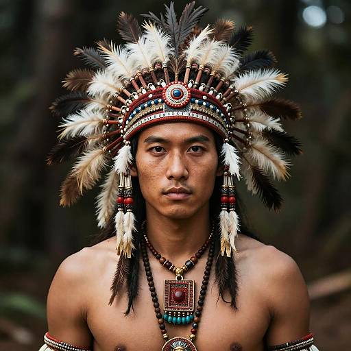 Man Wearing Bohemian Feathered Headdress and Necklace