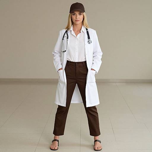 Photograph of a blonde woman in a black cap, white lab coat, black pants, and sandals, standing in a plain, gray room.