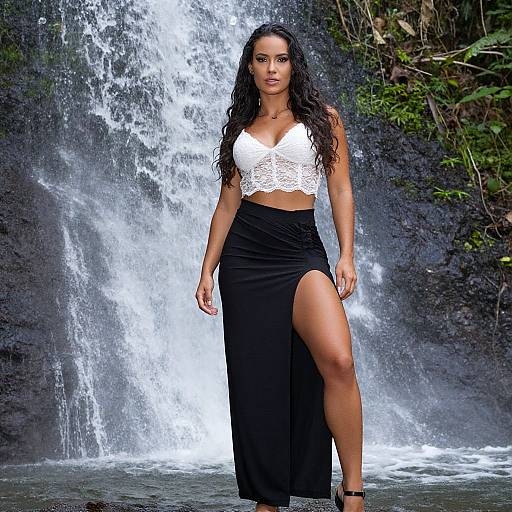 Photograph of a confident woman with long dark hair, wearing a white lace crop top and black high-waisted skirt with a thigh slit, standing