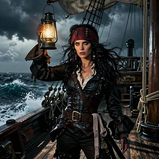 Photorealistic digital artwork of a fierce pirate woman with long black hair, red bandana, black leather outfit, holding a glowing lantern on a storm