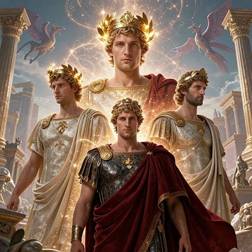 Digital artwork of four muscular, bearded men with golden crowns and ancient Roman-style armor standing in a glowing, celestial temple.