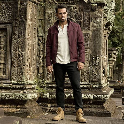 Man in Harrington Jacket at Ancient Temple