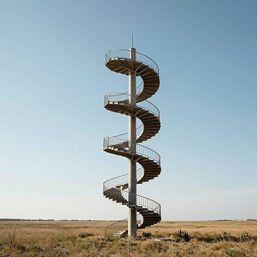 Photograph of a tall, white, spiral observation tower with metal railings, standing in a vast, flat, grassy field under a clear blue