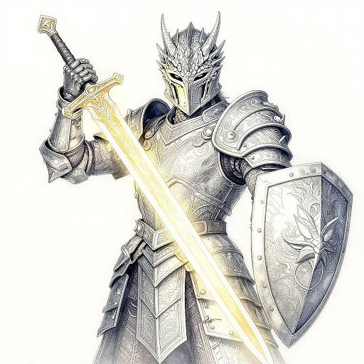 Digital illustration of a fierce, armored knight with a glowing sword and intricate shield, standing ready for battle. White background.