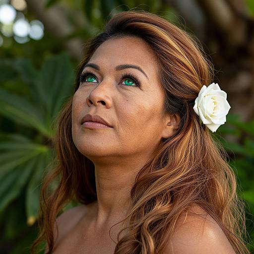 Photograph of a middle-aged woman with wavy brown hair, green eyes, and a white flower in her hair, gazing upward against a blurred