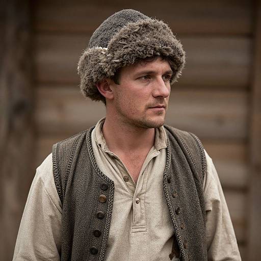 Photograph of a young Caucasian man with light skin and short brown hair, wearing a furry hat and beige shirt with a dark, textured vest, standing