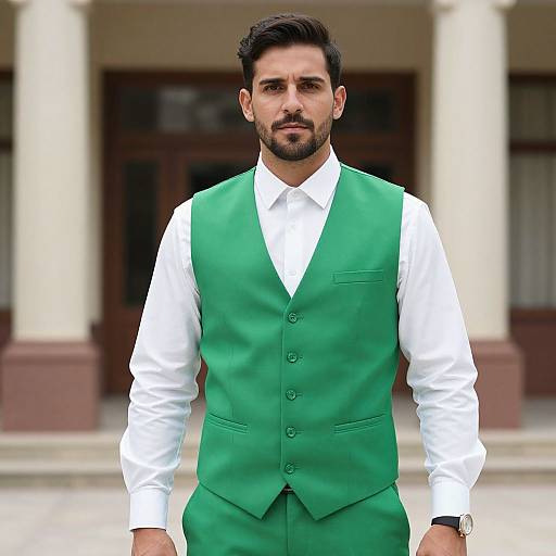 Photograph of a handsome, bearded man with dark hair, wearing a green vest over a white shirt, standing in front of a building with columns