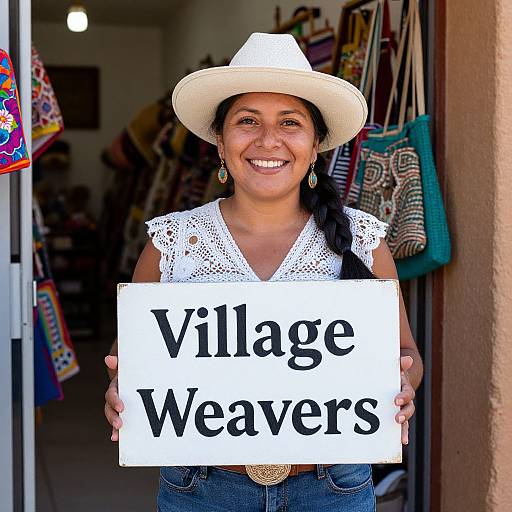 Photograph of a smiling Latina woman with braided hair, white cowboy hat, lace sleeve top, and jeans, holding a sign reading 