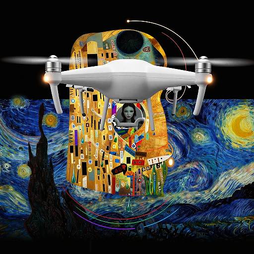 Digital artwork of a white drone with glowing lights hovering over a vibrant, swirling, Van Gogh-style 