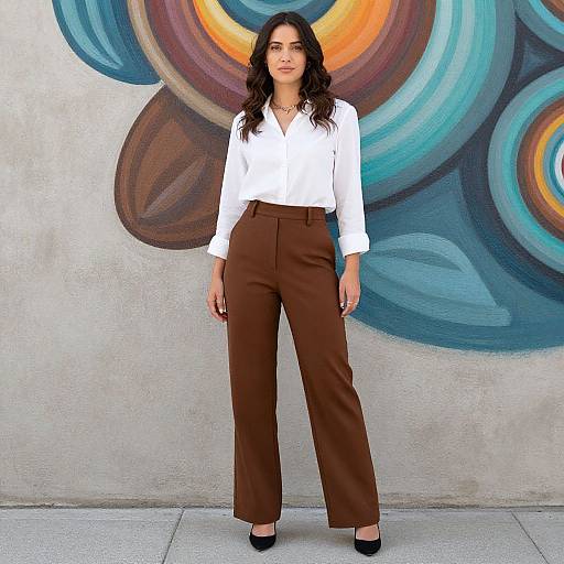 Photograph of a woman with long dark hair, wearing a white blouse and high-waisted brown trousers, standing against a colorful abstract mural. She