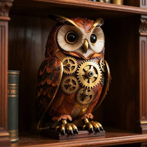 Brass Clockwork Owl in Lamplight