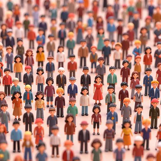 Photorealistic CGI image of a large, diverse crowd of colorful, detailed, cartoon-style figures in various outfits, standing in rows.