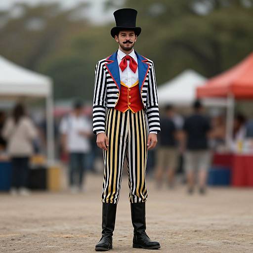 Photograph of a man with a mustache, wearing a black top hat, red vest, white shirt, black and white striped pants, and black