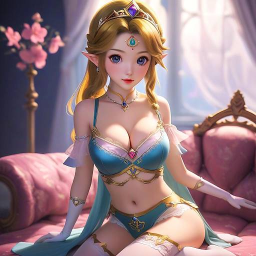 Digital artwork of a beautiful, blonde, elf princess with large blue eyes, wearing a blue lingerie set, tiara, and jewelry, sitting on a